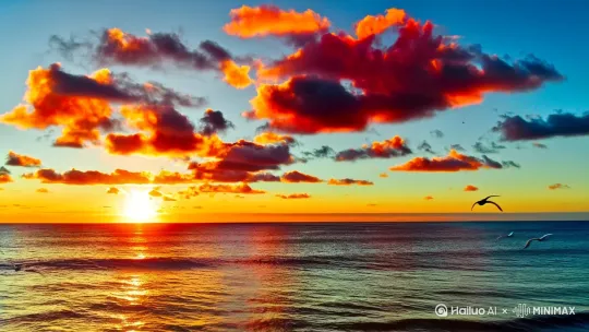 在辽阔的大海边，夕阳的余晖将天空染成了橙红色，绚丽的彩云如梦幻般飘浮着。大海波光粼粼，海浪轻轻拍打着沙滩，发出舒缓的声响。一群海鸥在这温馨的画面中欢快地飞翔，它们的羽毛被夕阳镀上了一层金边。有的海鸥盘旋在彩云之间，有的则向着夕阳的方向飞去，仿佛在追逐那最后的温暖。海风吹拂着，带来咸咸的气息，整个场景充满了宁静与温暖，让人陶醉其中。[拉远] by Hailuo AI Video Generator