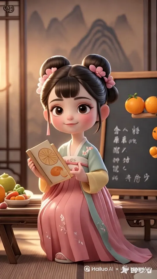 小女孩把手中的书放下，边说话边走到桌子前面站住，手里拿着一个框，框里面有白菜，胡萝卜，桔子，葡萄等，边说话边用手指着框里的水果素菜 by Hailuo AI Video Generator