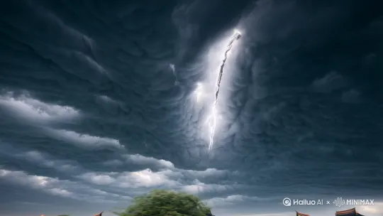 雷雨穹顶下的天光
 
铅灰色的云团在天幕上拧成墨色的绳结，先是几道银蛇般的闪电猛地撕裂云层，将苍穹劈成明暗交错的碎片。雷声像被捂住的鼓，在云层深处闷闷滚动，忽然"轰隆"一声炸开，震得窗玻璃嗡嗡发颤，檐角的铜铃都忘了摇晃。
 
雨幕起初是细密的银丝，转眼间就被狂风拧成粗绳，斜斜抽打在青瓦上，溅起的雨珠像无数颗碎玉蹦跳着滚落。天空时而被闪电染成冷白，能看见云絮被风撕扯得凌乱飞散；时而又沉入浓墨，连远处的山峦都化作灰黑色的剪影，只余下雷的低吼在天地间回荡。
 
当最大的一道闪电划破天际时，整个世界仿佛被按下了曝光键——云层的褶皱里翻涌着金红与暗紫的光，雨柱在光柱中凝成水晶般的竖线，连屋檐滴落的水珠都裹着瞬间的亮芒。雷声紧接着轰然砸下，像是天空把积攒了整日的情绪都倾泄而出，让雨与电在灰蒙的穹顶下，上演一场轰轰烈烈的交响。 by Hailuo AI Video Generator