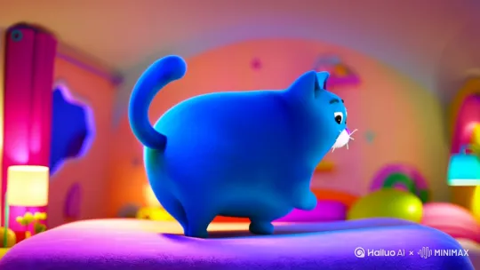 蓝色，嘴巴和肚子一块白色的卡通胖猫在床上快速旋转 by Hailuo AI Video Generator