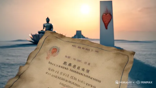 通关文牒飘然远去，载着圣僧坚定的脚步，也载着女儿国长久的静默。界碑两边的风各自吹拂，一边吹向佛陀的莲花座，一边吹向永不坍塌的王座——那朱砂印痕在夕阳里愈发明艳，像一道无声的伤口，又像一枚深情的勋章：所谓责任，便是以心作茧，静默地织就护佑众生的锦缎；所谓信仰，则是将情丝寸寸斩断，步步踩着那断弦的清音，走向无人知晓的彼岸。 by Hailuo AI Video Generator