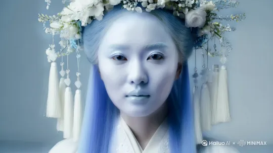 美人，韩芸汐，绝色容颜，肌肤胜雪，超现实主义，数字艺术，冷色调，浅色系，光感，通透感，透明空灵，空灵意境，细腻的肌肤，长发，蓬松的头发，冷白皮，穿着白色衣服，蓝色接近无色的头发，浅蓝色的眼睛，极简主义，背景简约，景深，戴着花冠和各种装饰的流苏，高清，整体颜色浅淡接近透明，低饱和度，极致细节，艺术 by Hailuo AI Video Generator
