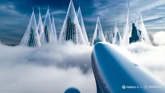 飞机意外飞入一个像天庭的异空间，里面是现代化建筑坐落在云层上，白云在楼宇中穿梭[跟随,推进] by Hailuo AI Video Generator