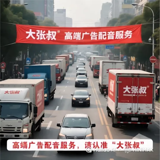 繁繁华的城市街道上车水马龙，街道上空的广告条幅随风摇动。[推进,上升] by Hailuo AI Video Generator
