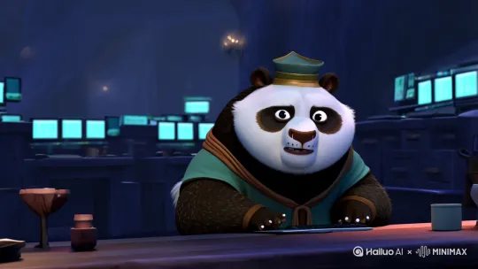 一只熊猫人，头戴鸭舌帽，一身学者装扮。做在电脑前（左移推进），手不停的敲打着键盘。（右摇聚焦熊猫人） by Hailuo AI Video Generator
