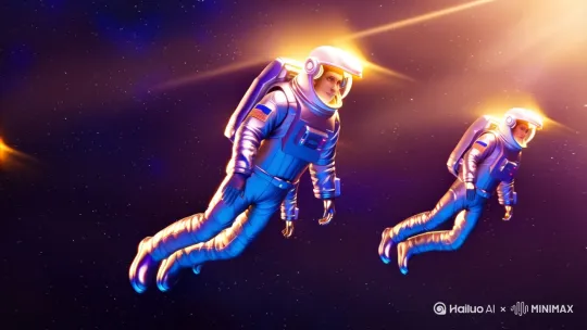 在广袤无垠、繁星闪烁的深邃太空背景下，几位身着未来感十足太空服的宇航员正进行太空漫步。阳光洒在他们身上，反射出金属的光泽。每位宇航员的臂膀上都清晰地佩戴着带有臂章小国旗，周围还有一些闪烁的星辰碎片缓慢漂浮。画面色彩以冷色调为主，如深蓝、浅紫等，搭配少量明亮的金色光线突出主体 。 光影效果上，强光从一侧打在宇航员身上，形成鲜明的明暗对比。整体营造出神秘又震撼的氛围 。运镜拉远再拉近，之后左右。要有电影质感 by Hailuo AI Video Generator