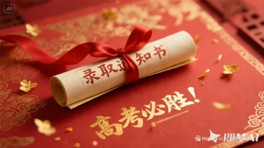 录取通知书快速滚起来 展开   红色系绳松开 镜头旋转 270度  镜头拉近 by Hailuo AI Video Generator