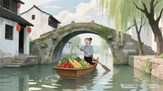 图片风格为「卡通」，苏州平江古巷河道一只小船从桥洞下穿过，船上满载着新鲜的蔬菜水果，船家脸上洋溢着朴实的笑容划船，船家滑动船桨让小船从桥洞里往前划。比例 「16:9」全景，固定镜头 by Hailuo AI Video Generator