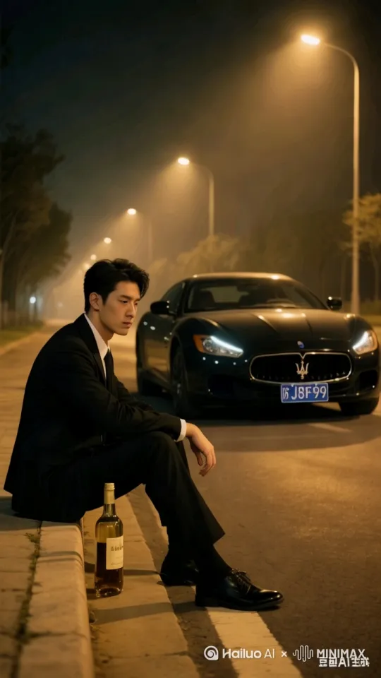 画面中,一位身着黑色西装的男子坐在道路边缘,姿态放松又略显孤寂。他身旁放着一瓶酒,酒液在灯光下泛着微光。背景里,一辆黑色玛莎拉蒂轿车停在道路上,车牌号为“苏J8F99”。暖黄色路灯照亮场景,营造出静谧且带有一丝忧郁的氛围,远处树木与朦胧的夜色增添了画面的深邃感。 by Hailuo AI Video Generator