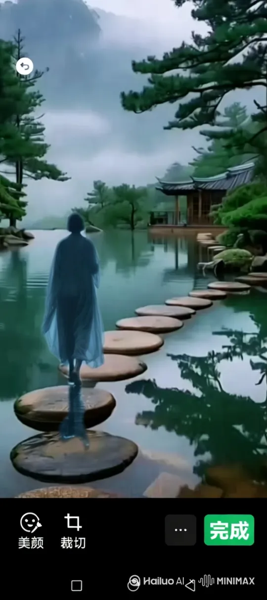 让图片中的女人沿着小石块慢慢走过去，裙子在风中有点摇曳，风景颜色保持不变，天空中的云朵慢慢飘过。 by Hailuo AI Video Generator