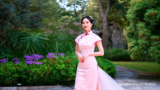身穿绝美中式旗袍的女性，正款款走来，优雅，大方，魅力动人，电影质感[左移,右摇,跟随] by Hailuo AI Video Generator