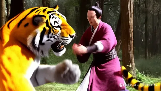 武松在树林里打虎，镜头前推，左偏转，笑了
 by Hailuo AI Video Generator