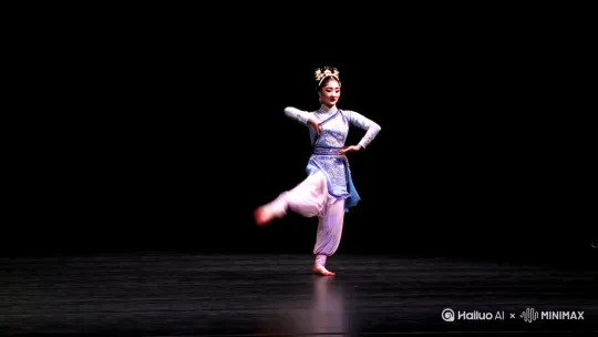 一个古风美女在黑色背景和聚光灯下跳古风舞，平均跳3分钟左右换一个舞蹈，平均7分钟左右做出很累的动作10-20秒继续跳，视频长度15分钟，舞蹈有对应音乐 by Hailuo AI Video Generator