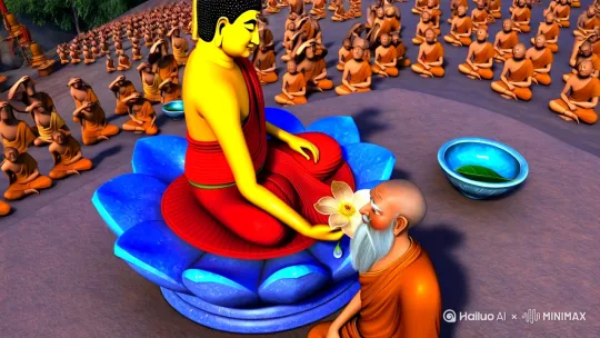 灵鹫山法会现场，佛祖释迦牟尼（金色身相，着赤色袈裟）于青石莲台结跏趺坐。左手持优昙婆罗花茎，花瓣舒展如琉璃透光。迦叶尊者（灰白须眉，粗布僧衣）跪坐右侧，目光凝视花枝。背景比丘众或疑惑挠头，或闭目苦思，唯有晨露从菩提叶尖坠入青玉钵中。  

动态细节
佛祖拇指与食指拈花时，指尖泛起涟漪状金光  
 花瓣露珠折射出八万四千法门虚影  
迦叶眼角皱纹舒展的瞬间，袈裟下摆无风自动  
远处雪山倒影在钵水中随波纹重组为卍字符  
镜头运用
初始俯拍全景展现法会（1秒），缓慢推进至拈花手势特写（2秒），最后定格迦叶微笑时眼中绽放的十二因缘光轮（2秒） by Hailuo AI Video Generator