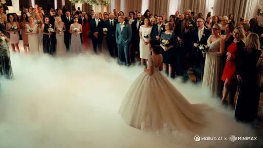 一群人穿着礼服，他们在参加一场震撼的婚礼，婚礼现场很热闹，舞池里有烟雾，舞池的中间有一位美丽的年轻的女人主角，女人穿着美丽的婚纱，她背对着我们往前慢慢的走像前面的舞台，相当于她向前走向婚礼的殿堂，大家都在看着她。[下降,上摇] by Hailuo AI Video Generator