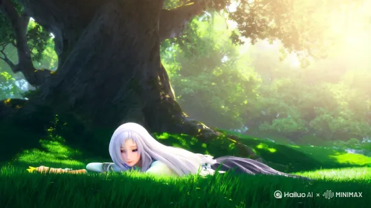 -个动漫女孩，躺在大树下，白色头发。 by Hailuo AI Video Generator