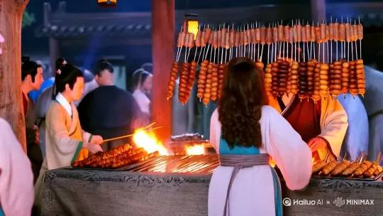 镜头 2：锁定肉串摊【梦回唐朝 夜市】
景别：中景
 画面：不远处，一个烤肉串摊前围了不少人，炭火熊熊燃烧，映红了老板的脸。摊位上摆放着一串串新鲜的肉串，在灯光下泛着诱人的光泽。闺蜜二人眼睛一亮，加快脚步朝摊位走去。
台词：闺蜜 B（指着肉串摊，激动）：“阿姊，就是那儿，快些过去！”闺蜜 A（迫不及待）：“走，可别让人抢光咯！”
时长：6s
运镜：镜头从人群后方推近，聚焦在烤肉串摊和闺蜜二人的反应上。
音乐/音效：烤肉的滋滋声，人群的嘈杂声，夹杂着炭火燃烧的噼啪声。 by Hailuo AI Video Generator
