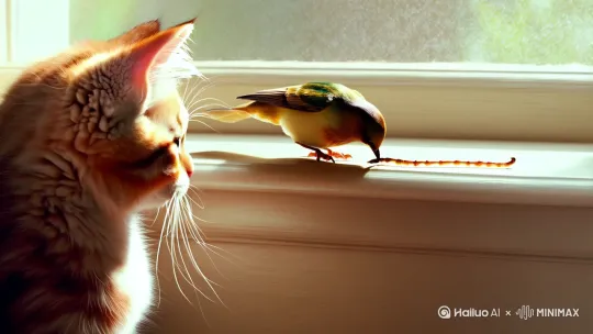 小猫在窗前看鸟吃虫子 by Hailuo AI Video Generator