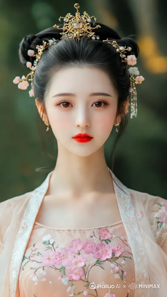 身着粉色花朵刺绣长裙的女性手持团扇缓步转身，金色花凤冠在风中微颤，模糊的绿色背景里竹叶缓缓飘落，固定镜头突显古典妆容的温婉神情与鲜艳红唇。 by Hailuo AI Video Generator