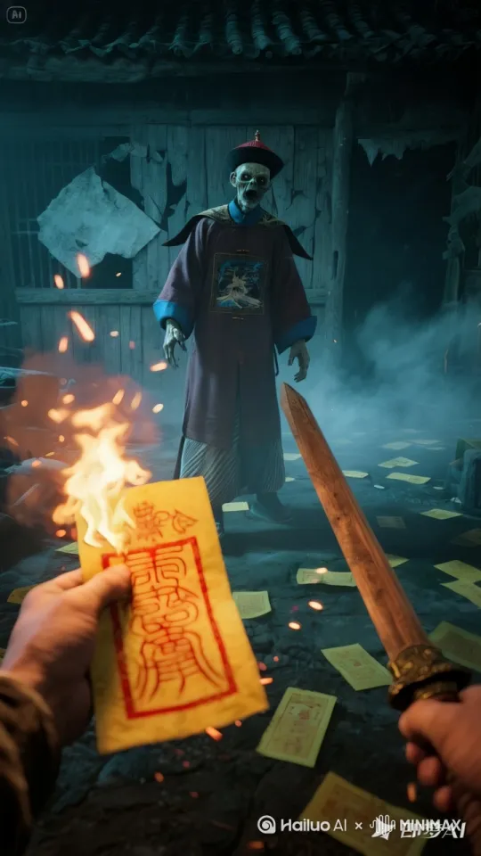 以道士为第一视角，道士左手向前扔出着火的符咒，右手持剑向前奔去。桃木剑穿透着火的符纸一块插进僵尸身上，僵尸瞬间发出哀鸣身体化作燃烧的光点慢慢消散，动作流畅自然，镜头跟随 by Hailuo AI Video Generator