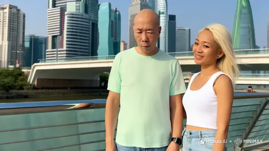 画面中一个光头男性身穿浅绿色T恤和牛仔裤站在桥边看向镜头，在他身旁，是一个留着金色长发身穿白色吊带和牛仔短裤的欧美丰满女性微笑着看向男人。女人伸出双手抱住男人，男人转头看着女人。远处是高楼大厦林立。 by Hailuo AI Video Generator