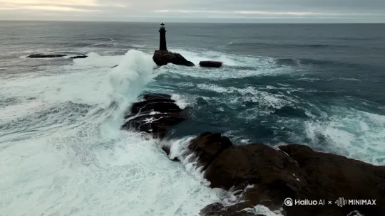 一台穿越机视角，穿越海浪拍打着的海岸，灯塔， by Hailuo AI Video Generator