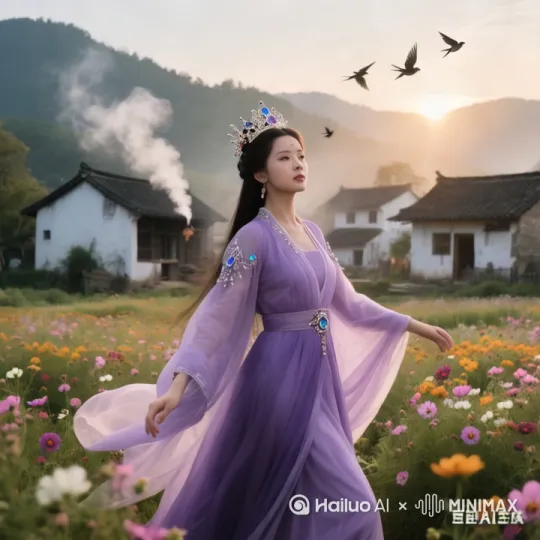 将仙女优美舞姿展现出来，在花地上飞舞，向观众招手祝福。 by Hailuo AI Video Generator