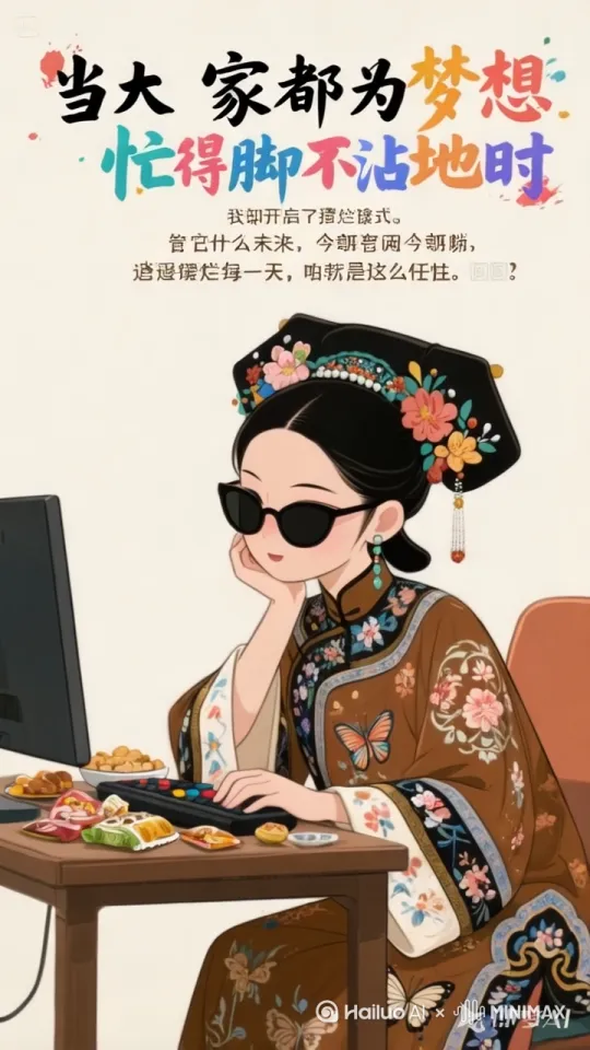 摇头晃脑，手指敲击键盘，嘴角上扬开心的笑 by Hailuo AI Video Generator