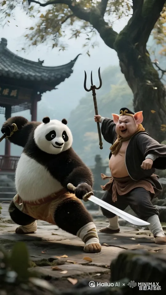 帮我生成图片：熊猫大侠与猪八戒激烈打斗,奇幻武侠场景,写实风格,紧张刺激氛围,生动逼真。比例 9:16。 by Hailuo AI Video Generator