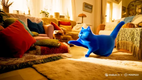 一只蓝色的胖猫在家里玩游戏 by Hailuo AI Video Generator