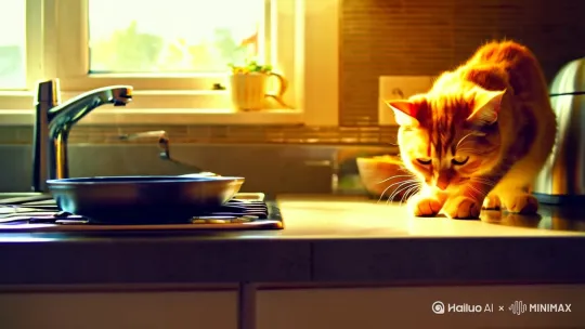 [右移,左摇,跟随]可爱的橘猫在厨房里准备早餐，阳光透过窗户轻洒进来 by Hailuo AI Video Generator