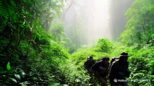 - **描述**：三人组在十万大山中行进。
- **AI提示词**：A group of three explorers trekking through a dense, misty jungle in the Ten Thousand Great Mountains. Sunlight pierces through the canopy. by Hailuo AI Video Generator