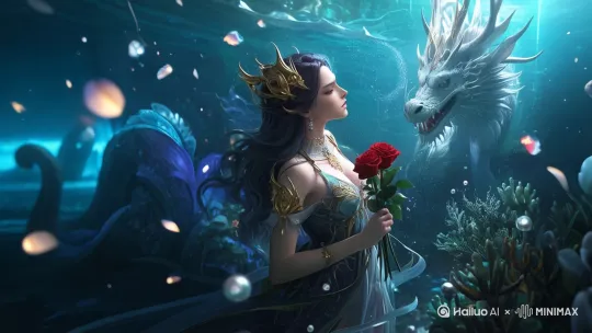 女子眼睛睁开，群龙围绕着女子，海水在动，星光点点，女子把花递到龙的面前 by Hailuo AI Video Generator