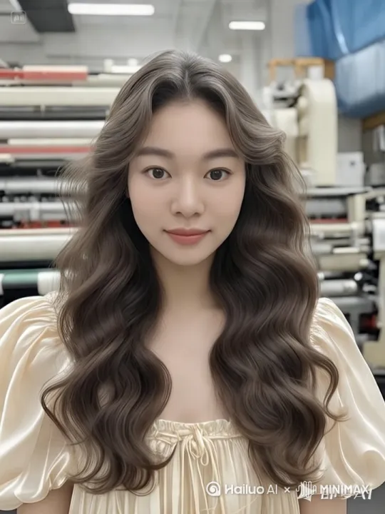 一位长发披肩微卷的美女，穿着真丝泡泡袖裙子，背景是正在生产胶带的胶带机器，面带微笑。 by Hailuo AI Video Generator