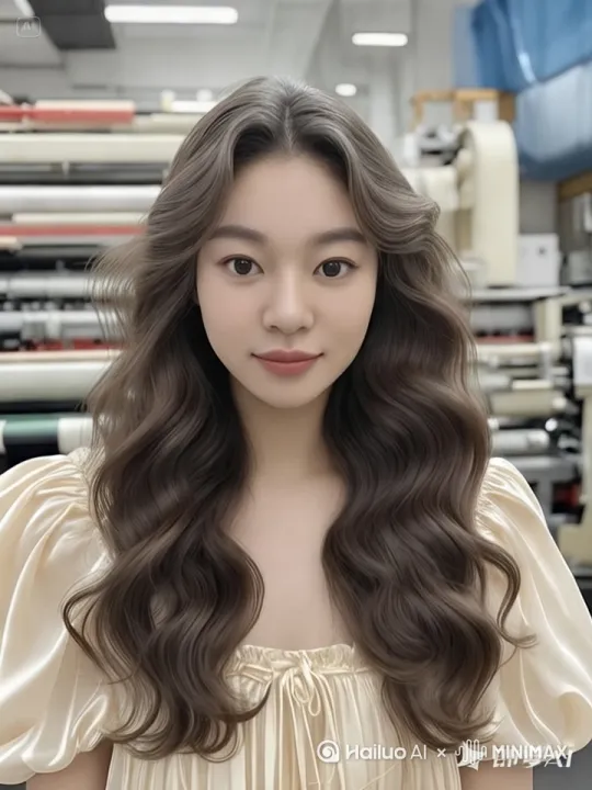 一位长发披肩微卷的美女，穿着真丝职业裙子，背景是正在生产胶带的胶带机器，微微笑着介绍胶带 by Hailuo AI Video Generator