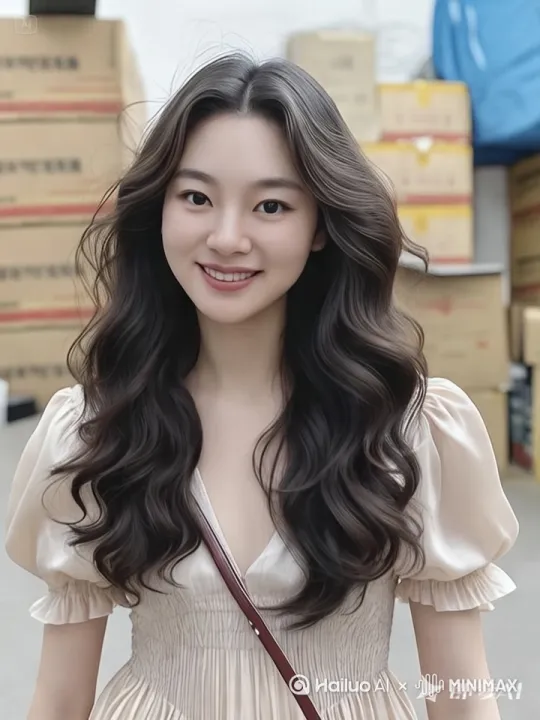 一位长发披肩微卷的美女，穿着真丝职业裙子，背景是正在生产胶带的胶带机器，微微笑着介绍胶带 by Hailuo AI Video Generator