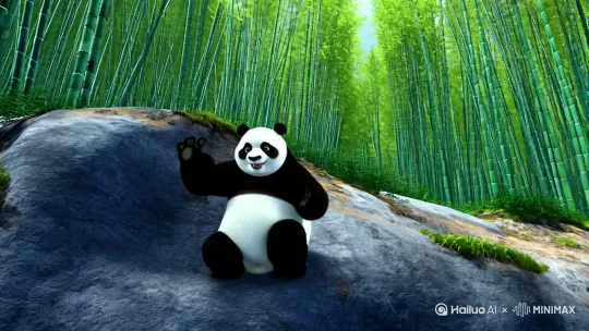 一只熊猫爬进竹林，兴高采烈地寻找食物，一不小心，碰到一只像八爪鱼一样大的蜘蛛，吓得魂飞魄散。[推出,上升,下摇][左移,跟随] by Hailuo AI Video Generator