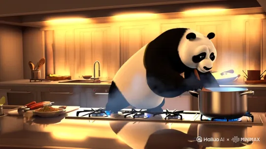 一只大熊猫在灶台边做饭 by Hailuo AI Video Generator