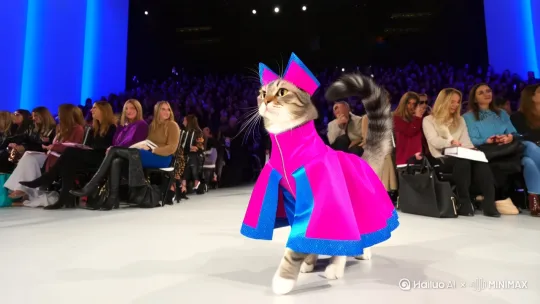 一只穿玫红蓝色相间衣服的猫咪走猫步 by Hailuo AI Video Generator