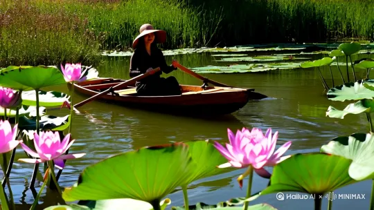 一个女人撑着小木船在荷花池划桨，人头上戴个帽子，镜头从远到近。 by Hailuo AI Video Generator