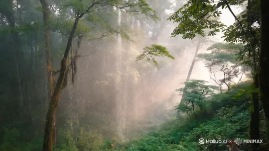 请生成一段展现江南烟雨雨林场景的视频，时长约 [1] 分钟。画面中，细密的雨丝如银线般纷纷扬扬地洒落在郁郁葱葱的雨林里，高大的树木枝叶在雨中轻轻摇曳，偶尔有晶莹的雨滴从叶尖滑落。整个雨林被一层淡淡的、若有若无的烟雾所笼罩，营造出一种如梦似幻、烟雾飘渺的氛围。镜头可从远处缓缓拉近，展现雨林的整体朦胧之美，接着切换到近景，捕捉雨滴打在叶片上溅起的微小水花，以及雾气在林间缓缓流动的动态。在画面色调上，采用淡雅、清新的色调，以绿色和灰色为主，适当点缀一些柔和的暖色调，增强画面的层次感和氛围感。 by Hailuo AI Video Generator