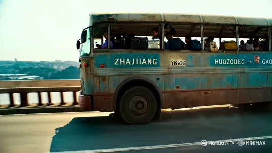 湛江到高州的破旧大客车，岁月的回忆，车牌号粤G19836.车上放满了行李和背包，车里坐满了人，行驶在化州大桥上，桥江边有无数小帆船，客车飘起了尘土。 by Hailuo AI Video Generator