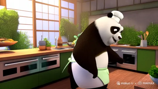大熊猫在厨房做饭，动态视频 by Hailuo AI Video Generator