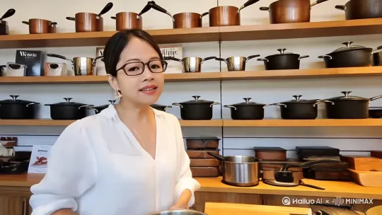 做一开口说话带有声音伟杰厨具店卖商品的场景 by Hailuo AI Video Generator