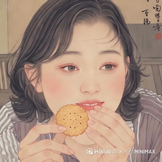 *灵魂拷问·薯片篇：**
    > `现代彩色工笔画，写实风格。` 紧接着上一个镜头的情绪。特写或近景在妈妈脸上。她**手里还捏着半块没吃完的饼干**，但注意力完全被孩子的问题吸引。**她眼睛微微睁大，瞳孔里映出孩子天真的小脸**，**脸颊似乎泛起一丝不易察觉的红晕**（工笔画可细腻描绘）。**嘴唇抿起，形成一个略带自嘲和窘迫的微妙表情**，生动捕捉被孩子“人间清醒”问题击中要害的瞬间。背景柔和虚化。 *(关键词：妈妈表情特写、睁大眼睛、脸颊微红、抿唇自嘲、窘迫感)*[左移,推进,右摇] by Hailuo AI Video Generator