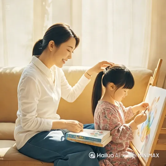 9.  **温馨反思·以身作则：**
    > `现代彩色工笔画，写实风格。` 柔和的晨光中。妈妈**不再是葛优躺，而是端坐在沙发边缘，腰背自然挺直**。她**温柔地笑着**，**双手轻轻合上自己的书本**（或放下手机）。她**目光柔和地注视着旁边**。旁边的小女孩也**挺直腰背坐着**，**小手认真地在画板上涂鸦**（或看绘本），母女俩的坐姿都显得端正而自然。妈妈**伸出手，轻轻抚摸着孩子的头发**，眼神中充满爱意和一丝“要做得更好”的决心。画面色彩温暖明亮，充满希望感。 *(关键词：妈妈端正坐姿、合上书本、温柔注视、孩子认真画画、轻抚头发、温馨决心)* by Hailuo AI Video Generator