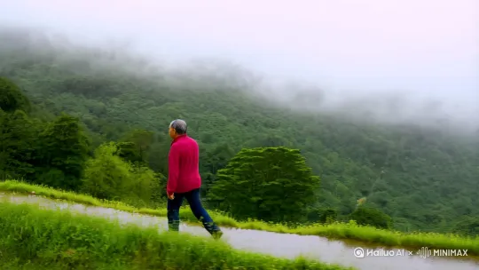 [左移,右摇,跟随]   一个中年男子漫步在山间小路，天上下着蒙蒙细雨。 by Hailuo AI Video Generator