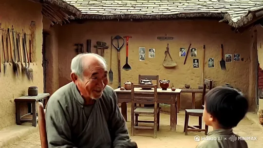 要生成一幅一位老农在家里与孙子逗乐的画面，可以从以下几个方面进行构思和描述，然后可以通过绘画软件或请一位画家来将这个场景实现出来。以下是详细的描述：

### 画面构思：

1. **背景设置**：
   - 背景是一个典型的中国农村老房子，墙壁是土坯或砖砌的，屋顶是瓦片。屋内陈设简单而温馨，有一张老式的木桌和几把椅子，桌子上可能摆放着一些简单的茶具。
   - 墙上挂着一些农具，如锄头、镰刀，以及一些家庭照片，显示出这是一个充满生活气息的家。

2. **人物设置**：
   - **老农**：一位年约六十多岁的老人，头发花白，脸上布满皱纹，但精神矍铄。他穿着传统的农村服装，可能是一件蓝色的中山装或者对襟衫，脚上穿着布鞋。
   - **孙子**：一个五六岁的小男孩，天真活泼，穿着简单的T恤和短裤，头发有些凌乱，显得非常可爱。

3. **动作和表情**：
   - 老农坐在一张木椅上，身体微微前倾，脸上带着慈祥的微笑，正在用双手做出一个逗乐的动作，比如用手指做出一个“小兔子”的形状，或者手里拿着一个简单的玩具，如一个小风车或者拨浪鼓。
   - 小孙子站在老农面前，眼睛盯着老农的手，脸上露出惊喜和好奇的表情，可能正在拍手或者试图抓住老农手中的玩具。

4. **细节添加**：
   - 在老农的脚边，可能有一只小猫或者小狗，正懒洋洋地躺着，增添了家庭的温馨感。
   - 屋内的光线可以设计得柔和一些，比如通过窗户射进来的阳光，照在人物的脸上，显示出一种温暖和宁静的氛围。
   - 可以在桌子上放一些简单的水果，如苹果、梨，或者一些农家自制的点心，显示出家庭的富足和温馨。

### 画面示例：

- **整体色调**：采用温暖的色调，如黄色、橙色和棕色，表现出农村生活的质朴和温馨。
- **构图**：采用中心构图法，老农和孙子位于画面的中心，突出主题。背景的家具和装饰物作为陪衬，不抢镜但增加了画面的层次感。
- **光影效果**：利用光影效果，突出人物的表情和动作，使画面更加生动。

### 绘画步骤：

1. **草图**：先画出人物的基本轮廓和动作，确定构图。
2. **细节**：添加人物的面部表情、服饰细节和背景的陈设。
3. **上色**：根据整体色调，给人物和背景上色，注意光影的变化。
4. **调整**：最后进行细节调整，使画面更加和谐美观。

通过以上步骤和构思，你可以得到一幅充满温馨和欢乐的画作，展现老农与孙子之间的深厚感情和天伦之乐。 by Hailuo AI Video Generator