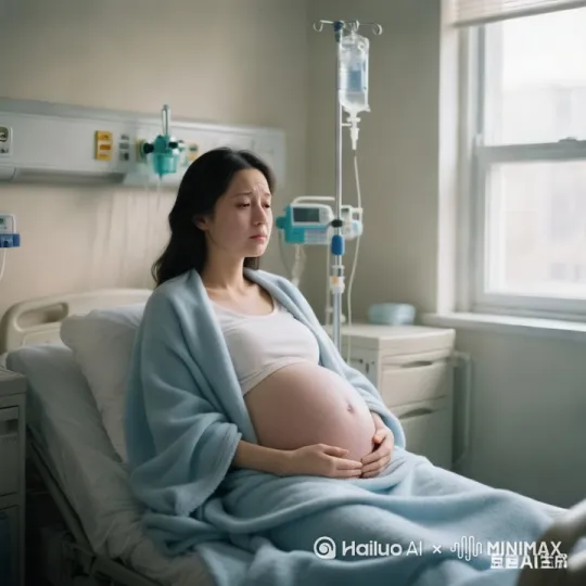 临产孕妇正躺在病床上待产，这时腹中胎儿开始踢肚子，于是孕妇便摸着肚子，尝试着安抚腹中胎儿。[推出,上升,下摇] by Hailuo AI Video Generator