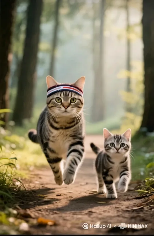 小猫说:爸爸我跑不动了”   猫爸说“谁好累了，谁做早餐”小猫委屈地说“好吧，爸爸，请你吃投降早餐” by Hailuo AI Video Generator